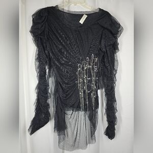 Faith Connexion Mesh Overlay Silver Chain Crystal Top XS Black Draped Glamgoth